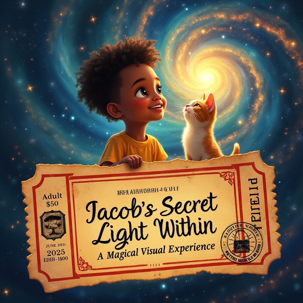 Magical Galaxy Ticket Design Featuring a Boy and His Cat