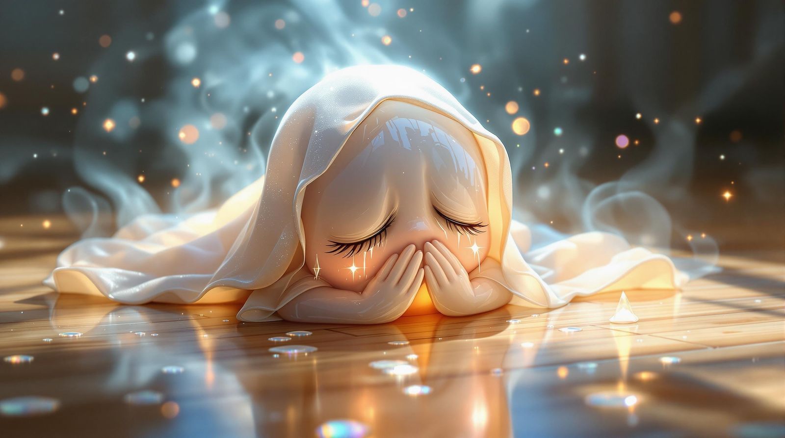 Sad CGI Cartoon Ghost in Distress