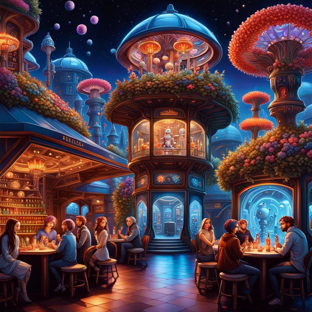 Robot Village Restaurant District: Photorealistic CGI Art