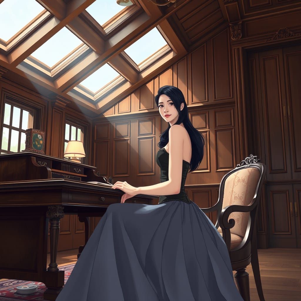 Elegant Woman at Desk: Cel-Shaded Anime Art