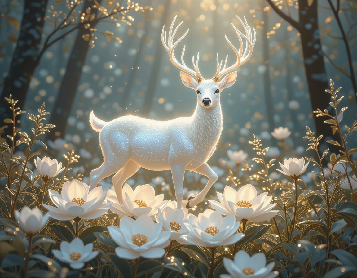 Radiant White Deer in Pearl Flower Forest