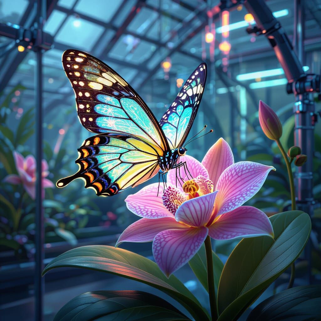 Bioluminescent Butterfly on Futuristic Orchid in Cyberpunk G...