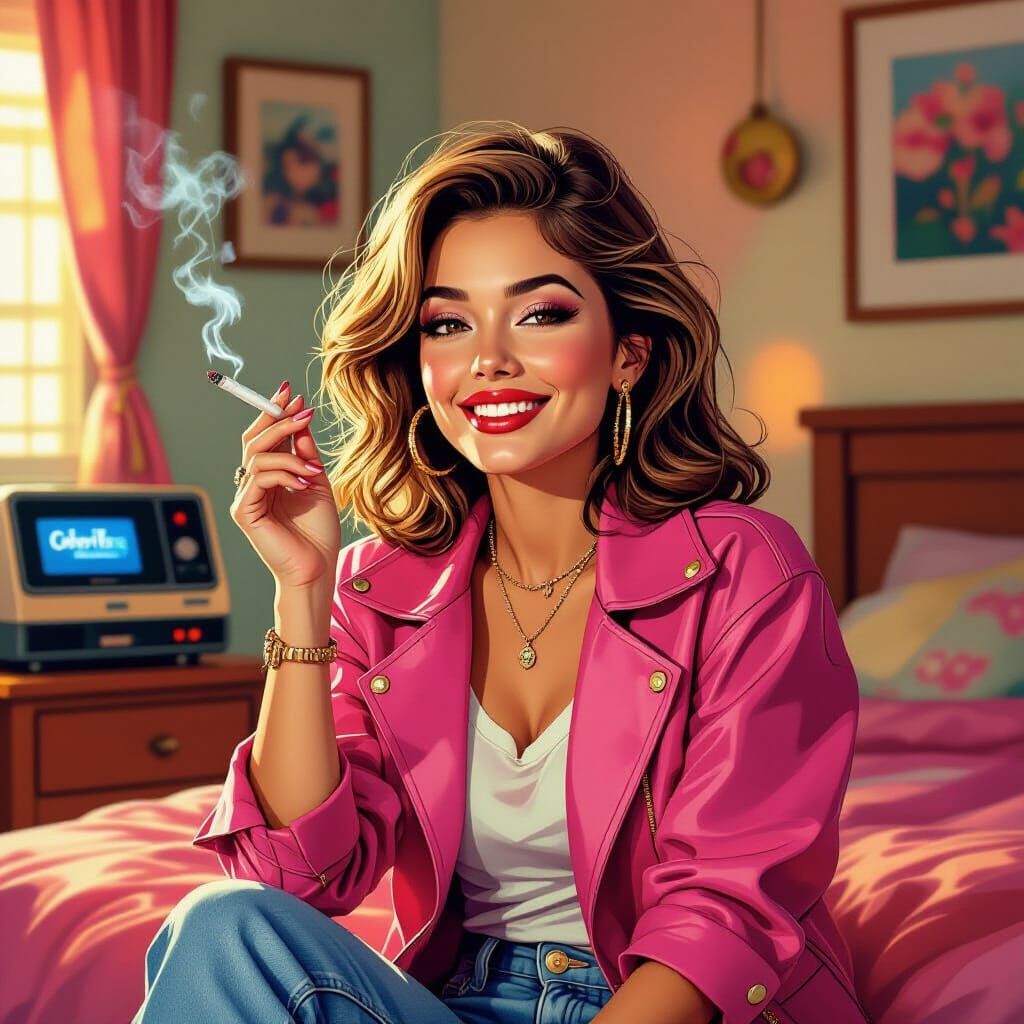 1980s Woman Smirking in Retro Bedroom with Atari