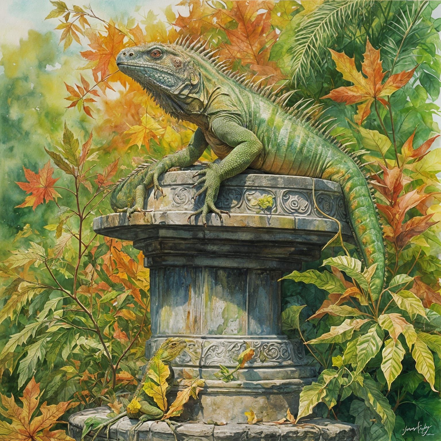 Vibrant Autumn Scene with Green Iguana in a Whimsical Settin...
