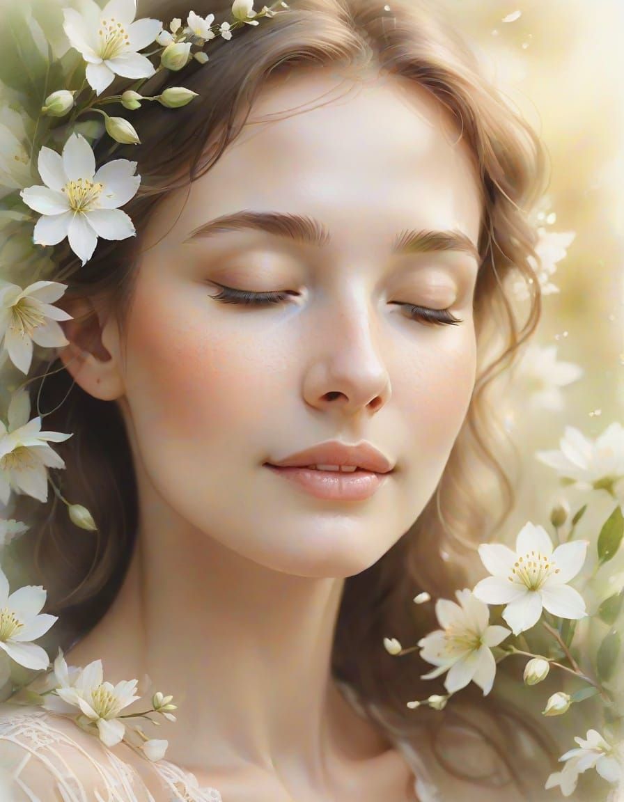 Soft Watercolor Portrait of a Serene Woman in a Dreamy Garde...