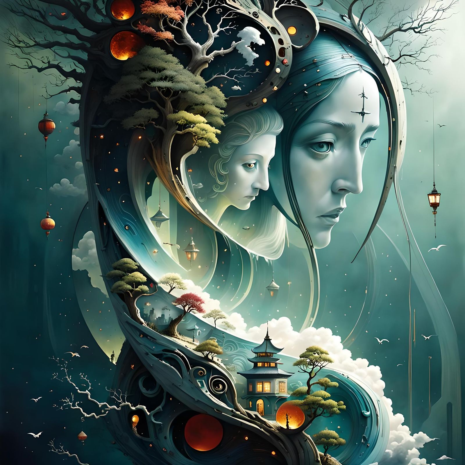 Surreal Stargate Scene with Bonsai and Cottages