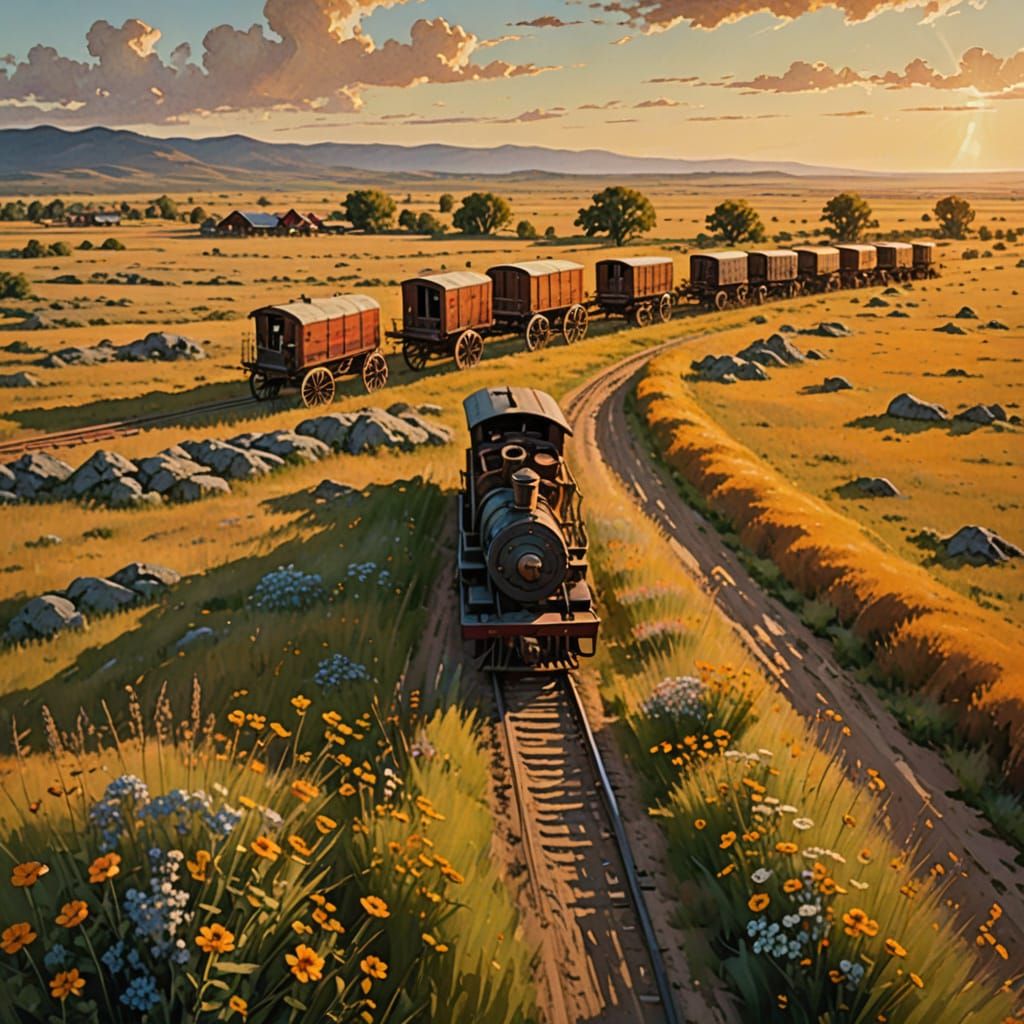 Wagon Train Journey Through Western Landscape in Oil Paintin...