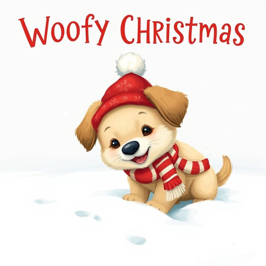 Cute Puppy Sniffs Snow with Joyful Smile in Whimsical Style