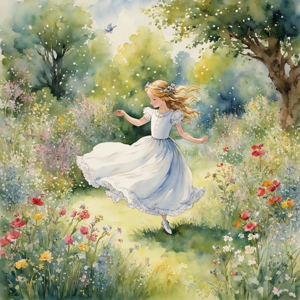 Girl Dancing in Spring Garden Watercolor