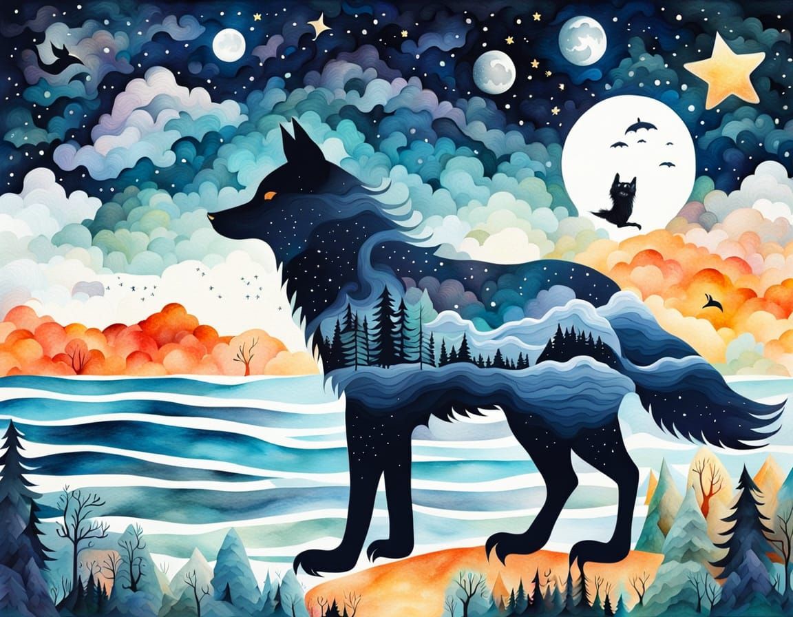 Surreal Werewolf Landscape in Patchwork Style