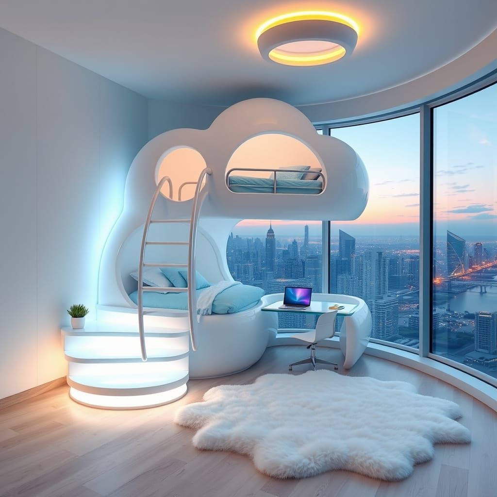 Cloud-Inspired Futuristic Bunk Bed in a Serene Sky-Themed Be...