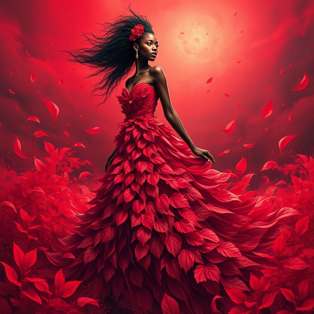 Majestic Black Goddess in a Red Leaf Gown