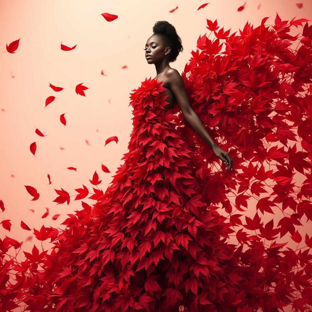 Majestic Black Woman in Red Leaf Gown