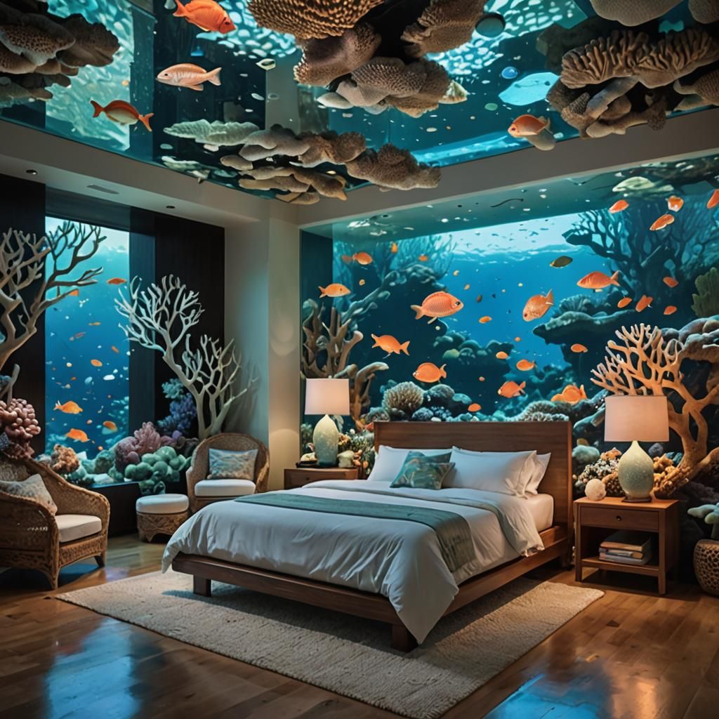Underwater Bedroom with Bioluminescent Coral Reefs
