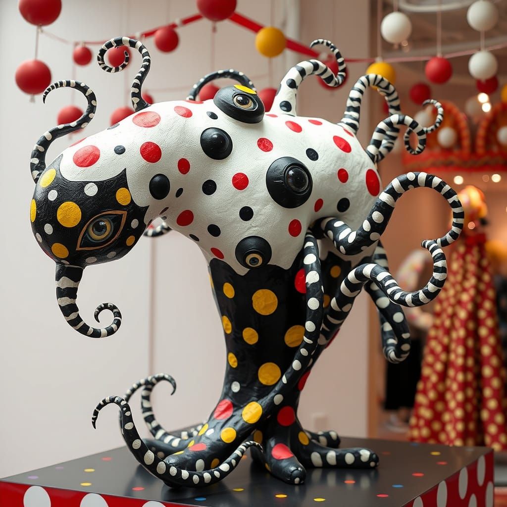Surreal Polka-Dot Sculpture in Whimsical Carnival Setting