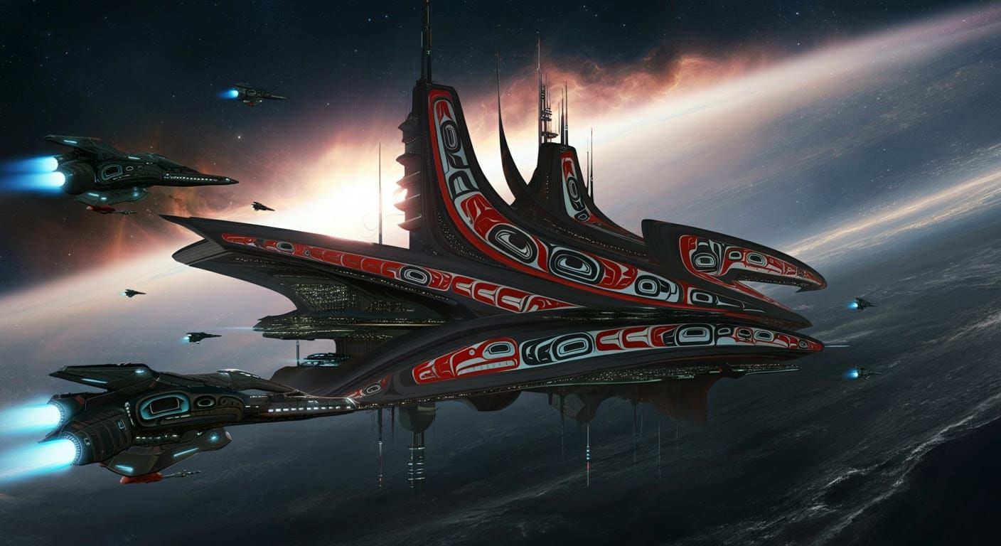 A sprawling gargantuan, futuristic Haida Nation space statio...