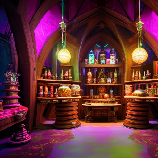 Magical Item Shop Interior in a Gothic UFO Art Style