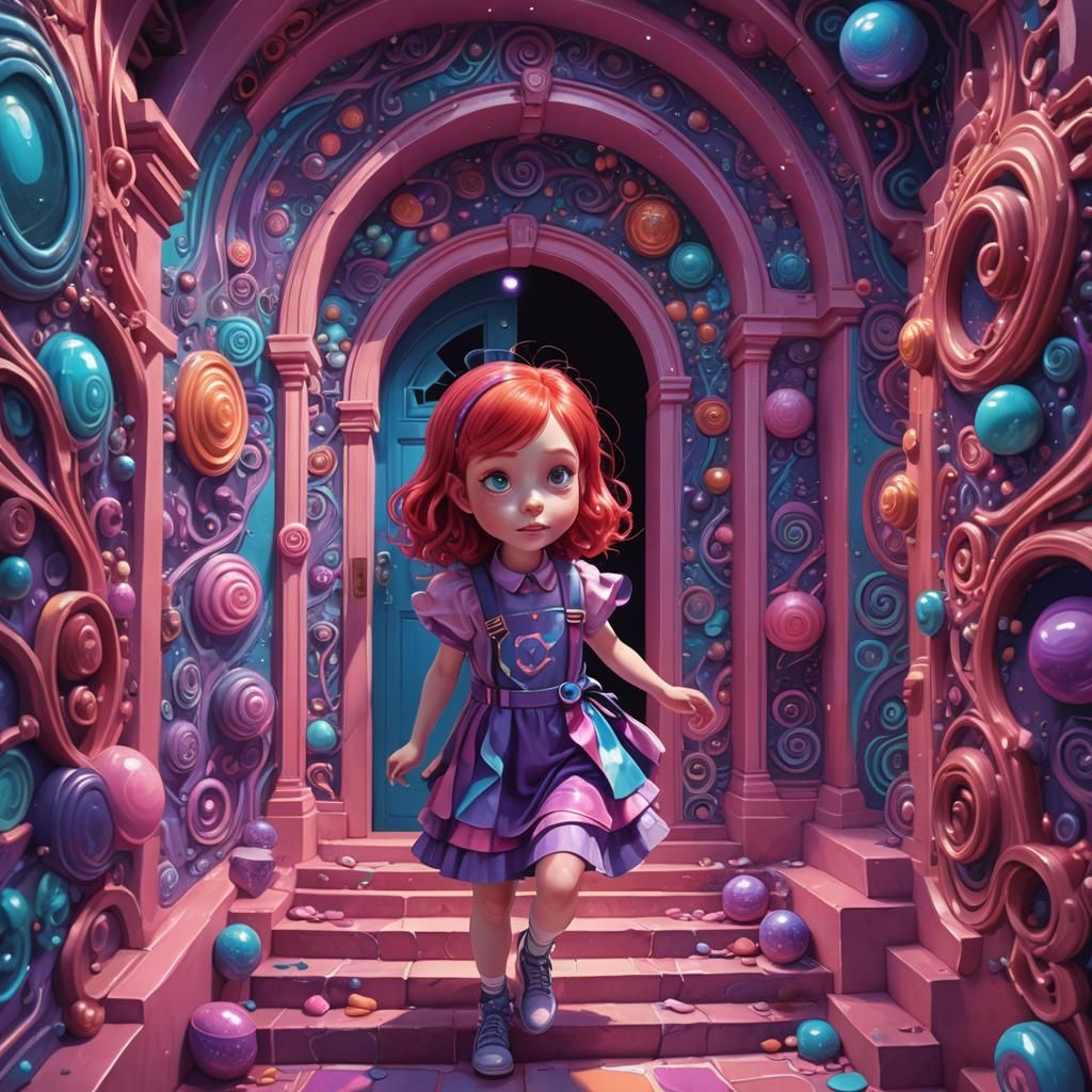 Girl in Psychedelic Candy Staircase Portal: Digital Art