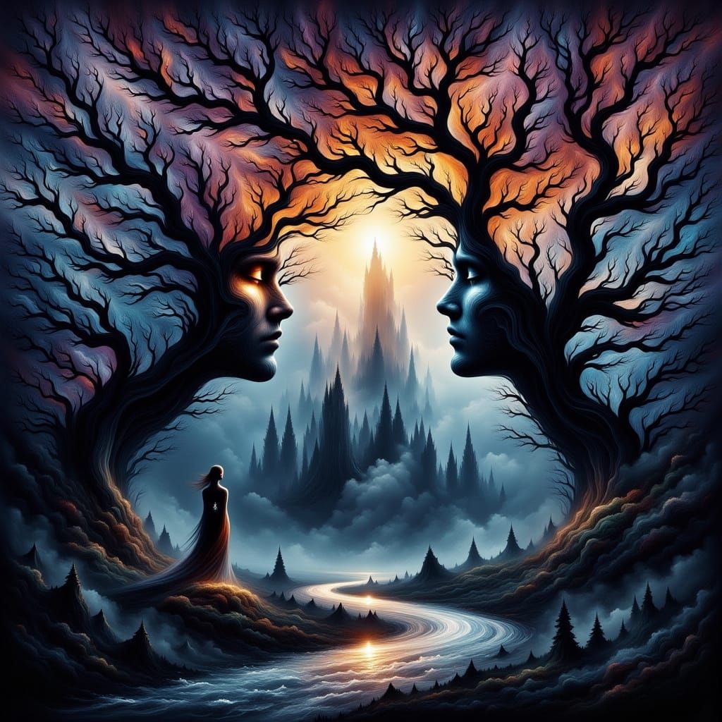 magnificent entangled elemental eldritch twilight mixed media lyrical abstraction post-impressionism cool colors digital...