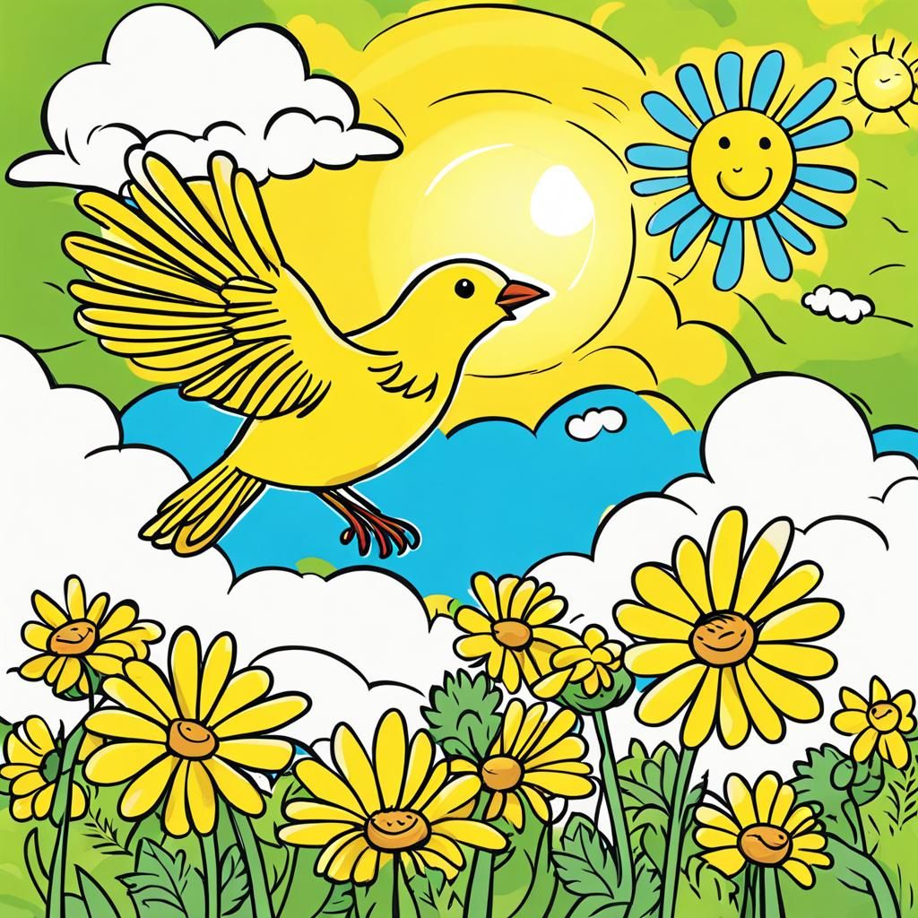 Yellow Canary Bird in Sunny Cartoon Landscape