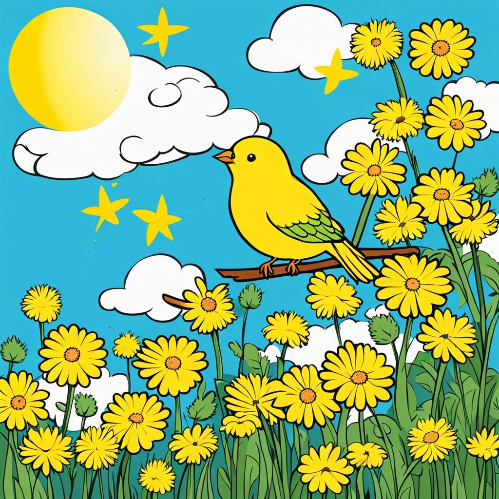 Cartoon Yellow Canary in Sunny Landscape