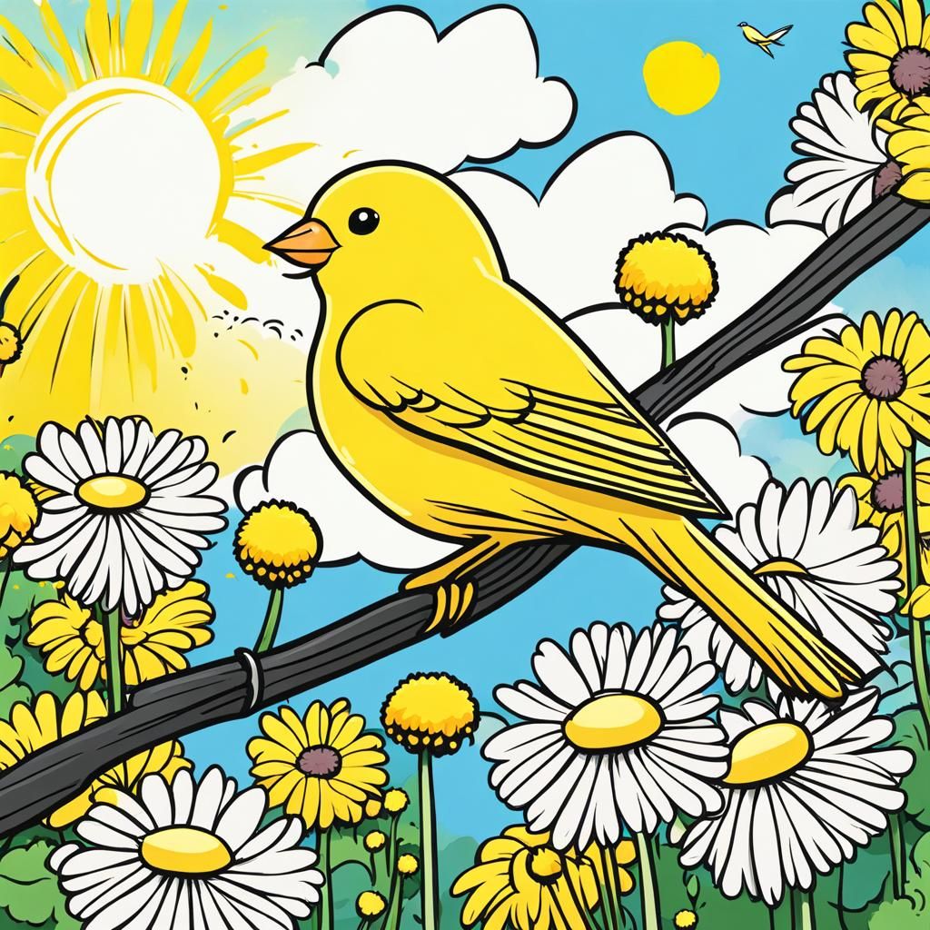 Cartoon Canary in Yellow World, Crayon Drawing