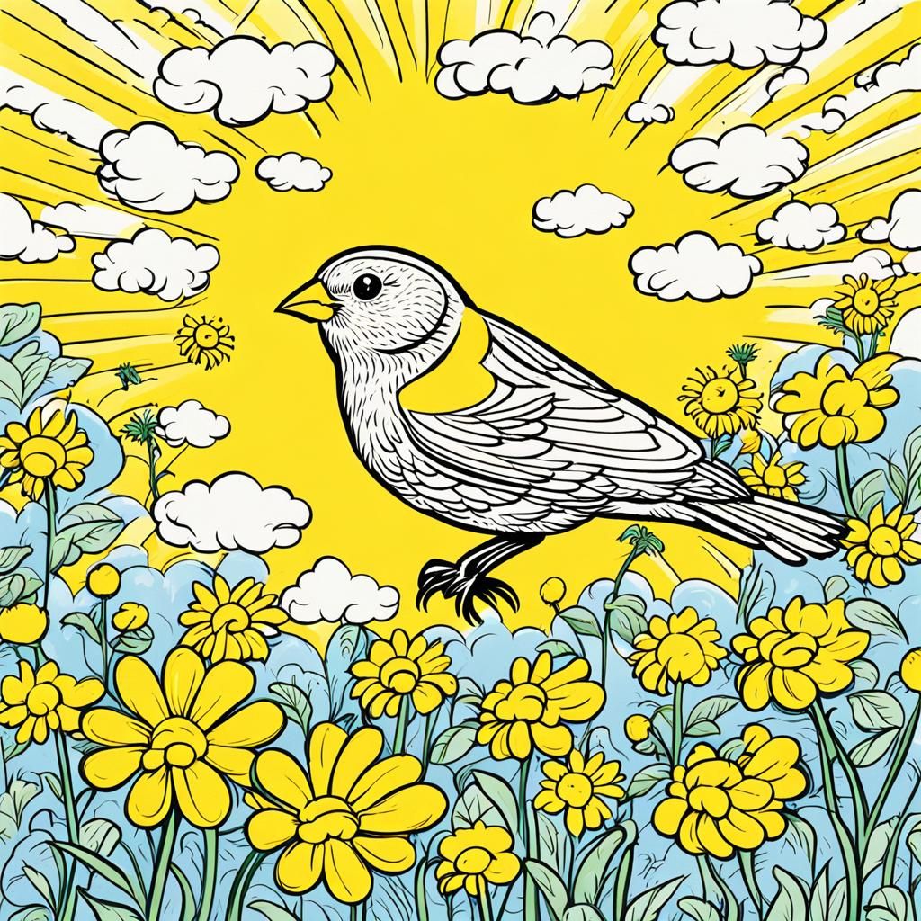 Cartoon Yellow Canary Soaring in a Sunny Landscape