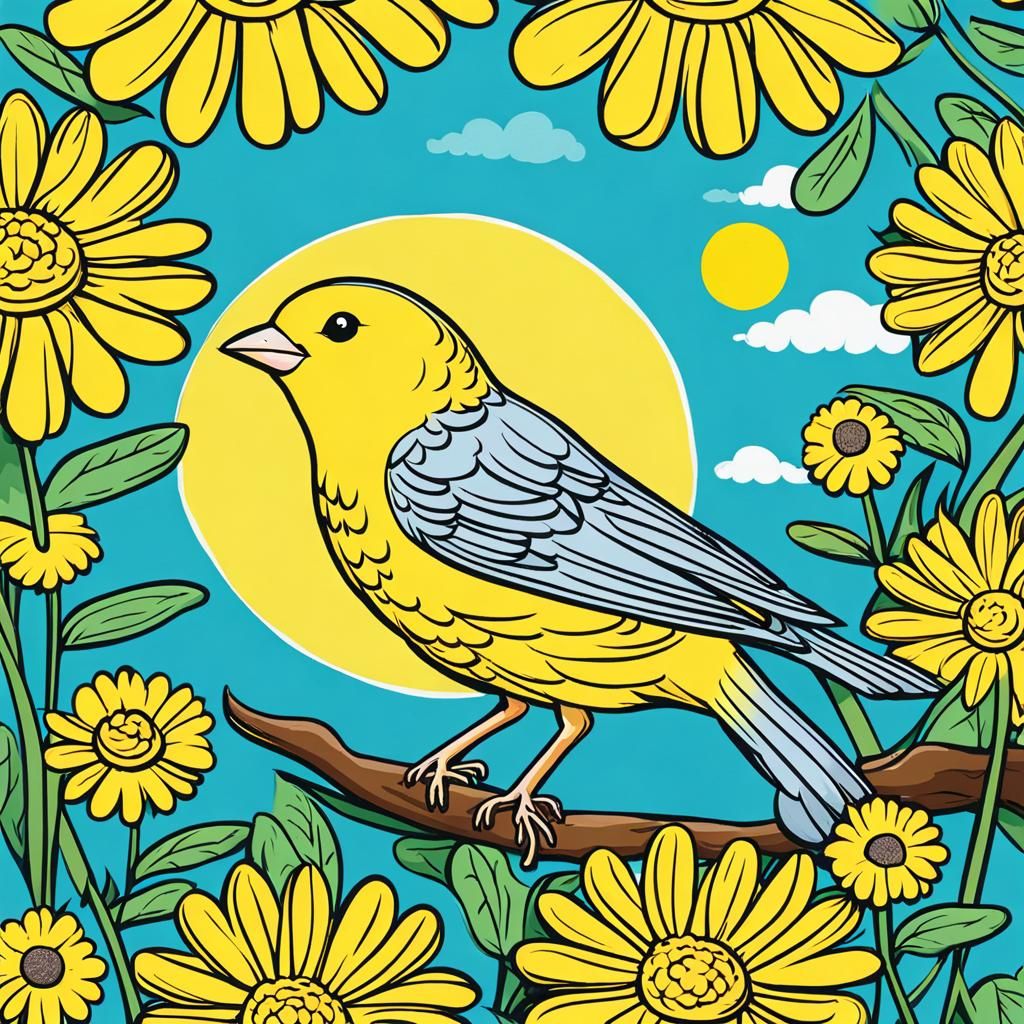 Yellow Canary in Sunny Cartoon Landscape