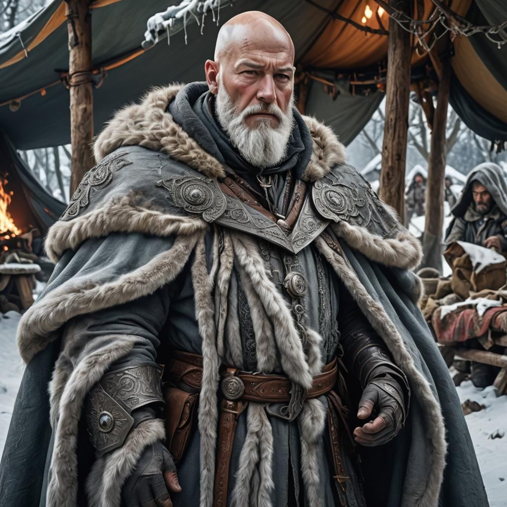 Hyperrealistic Bald Man in Winter Encampment