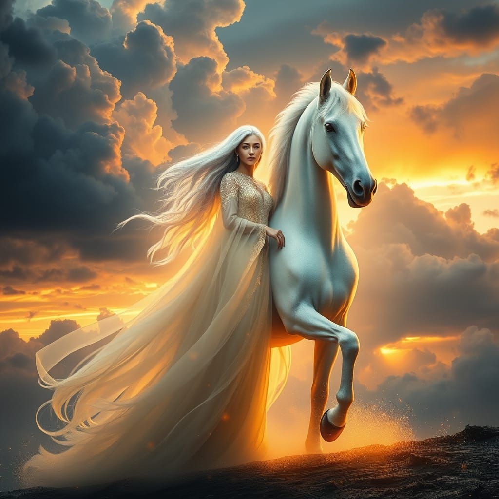 Luminous Spirit-Woman and White Horse in Surreal Fantasy
