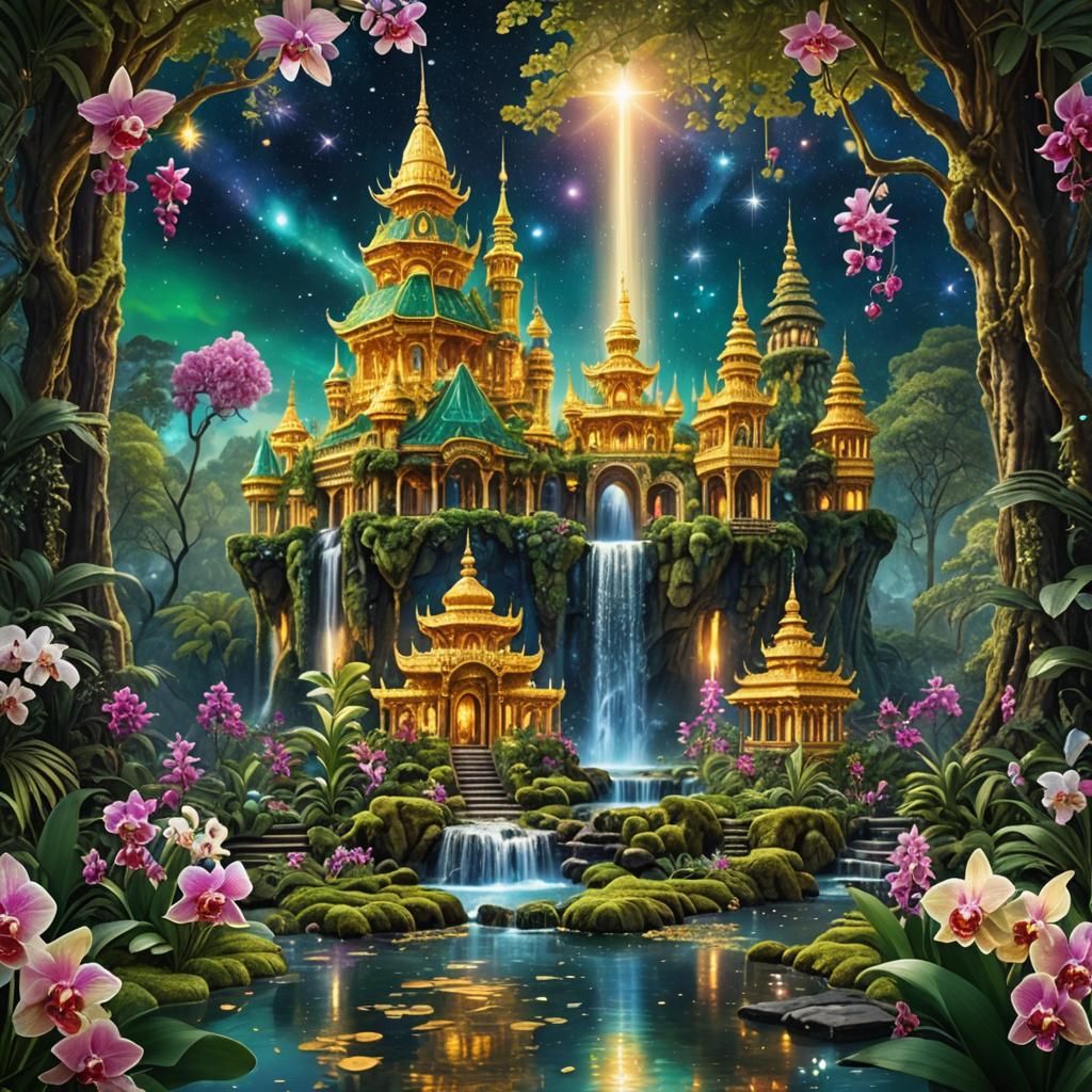 Ethereal Golden Palace Under Sparkling Galaxy Sky