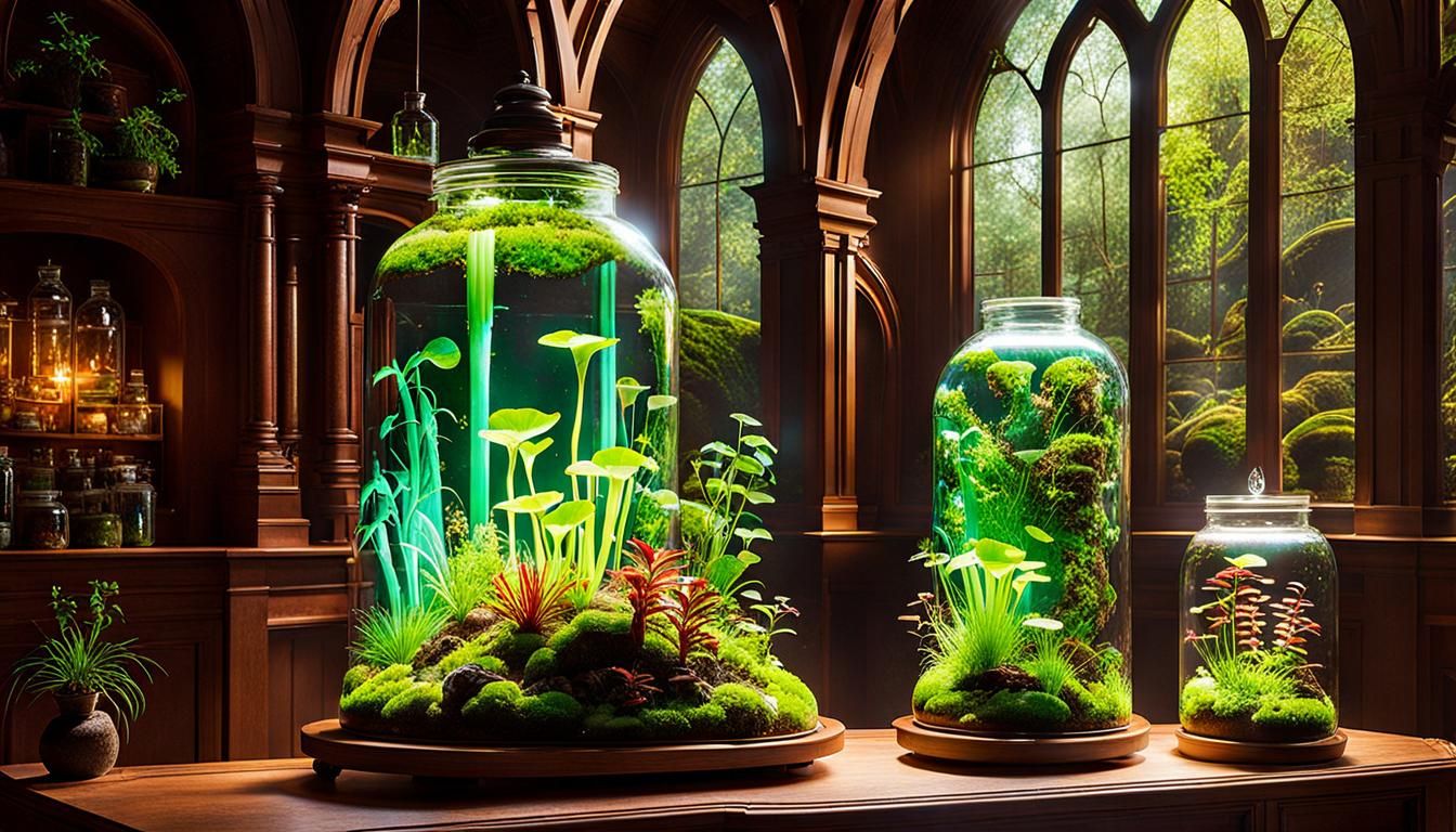 Bioluminescent Moss and Plants in Arched Window