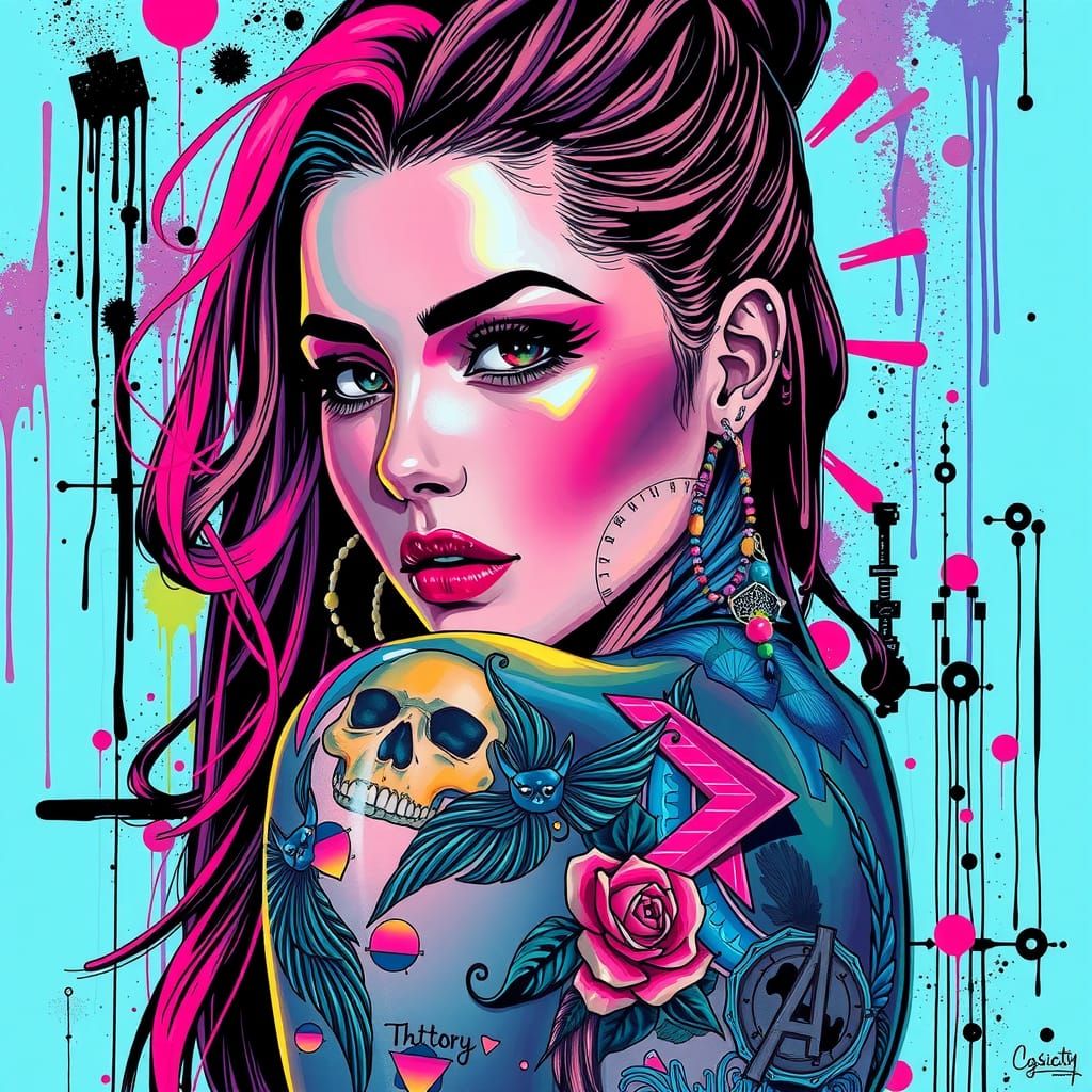 Tattooed Woman in Synthwave Graffiti Art