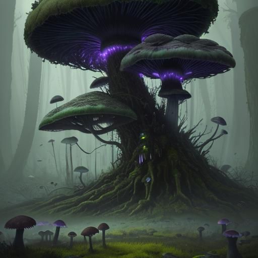 Towering Mycelial Creature in Dark Fantasy Landscape