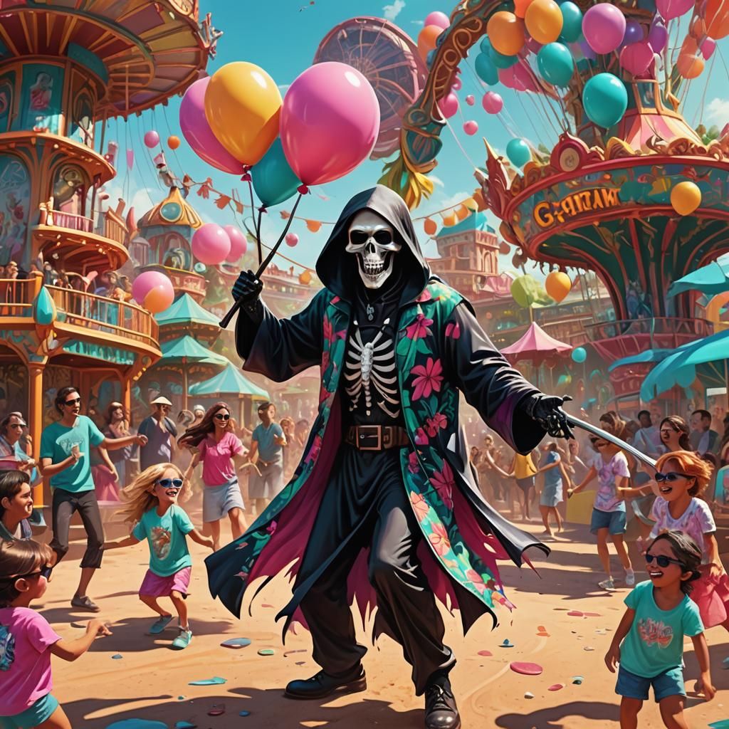 Grim Reaper's Joyful Dance in Fantasy Amusement Park