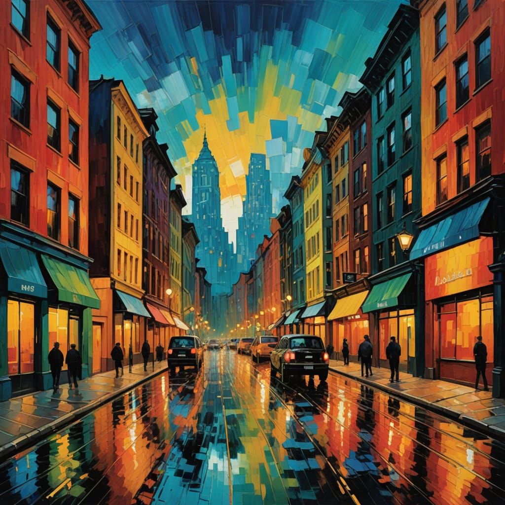 Vibrant Cityscape at Dusk in Expressive Van Gogh Style