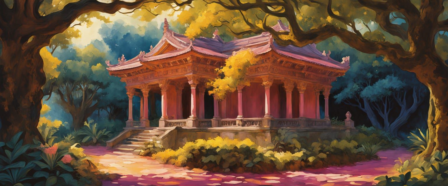 Rainforest Temple with Monks in Watercolor Style