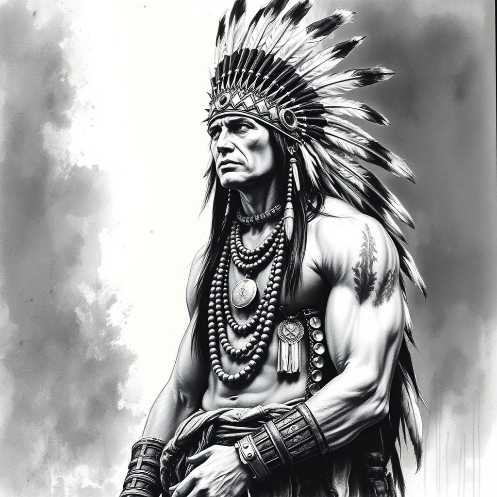 Black and white charcoal sketch of a muscular Native American warrior with a detailed feather headdress, beaded necklace...