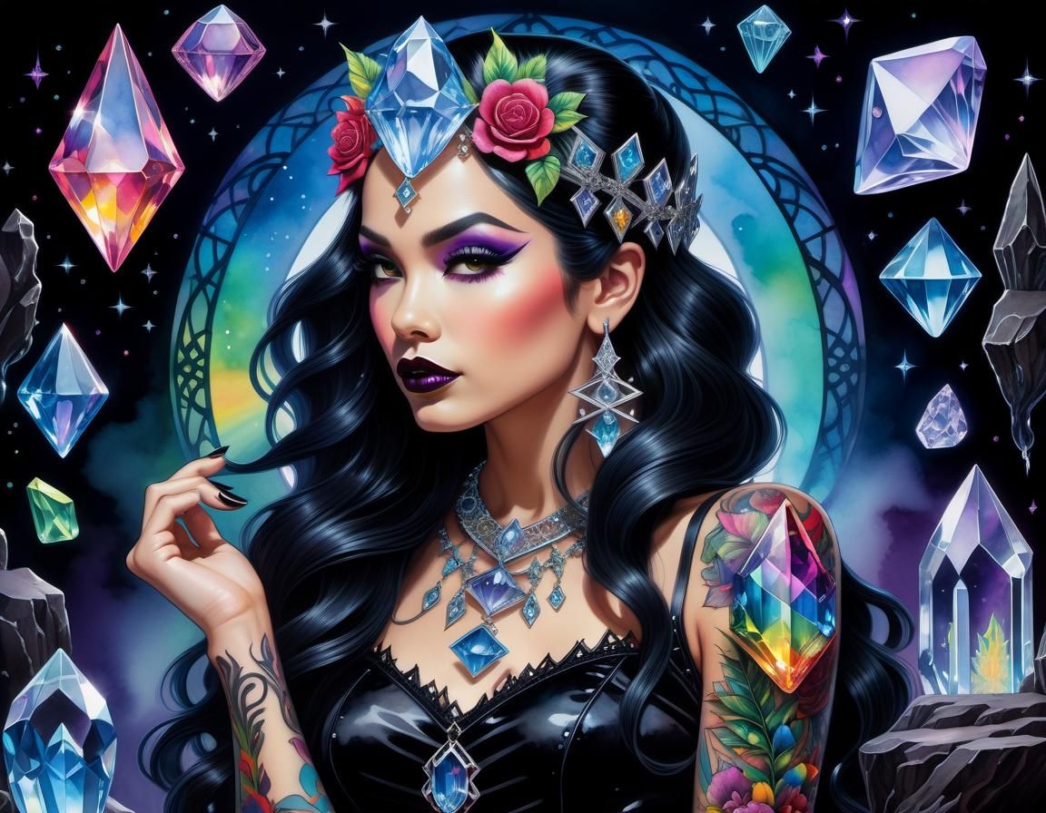 Gothic Latina Pinup with Rainbow Crystals in Watercolour
