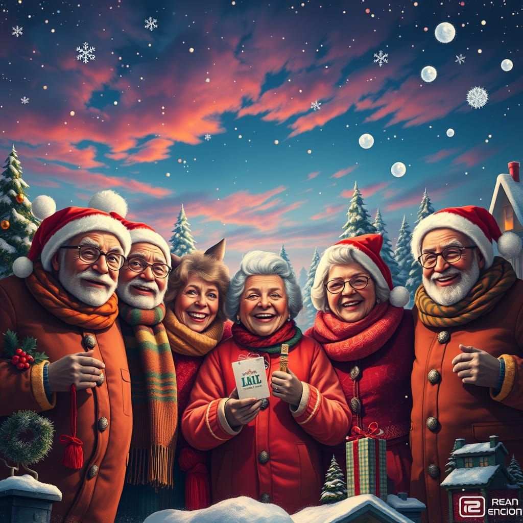 Joyful Senior Friends in Whimsical Winter Wonderland