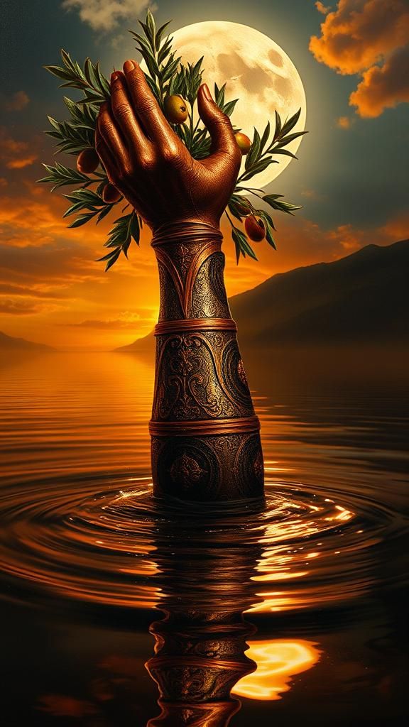 God Rises From Lake Holding Olive Branch