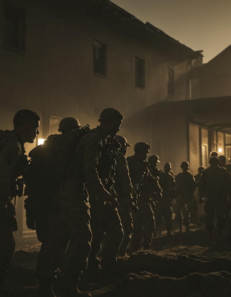 US Soldiers Bonding in Barracks: Cinematic Film Still