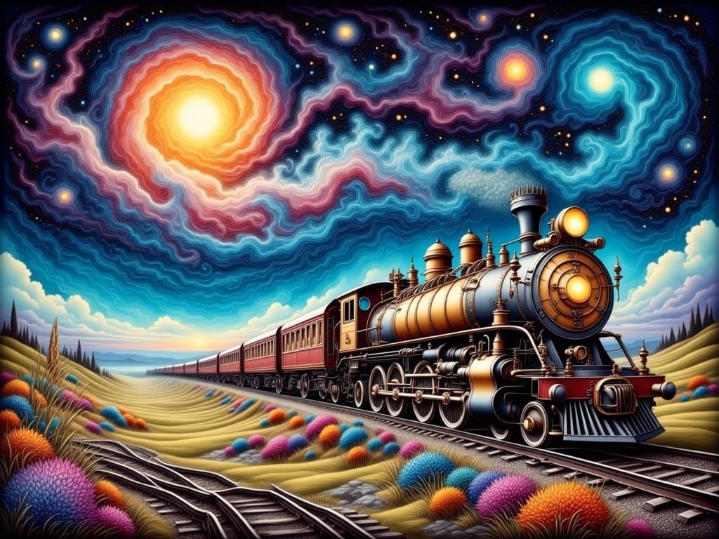 Enchanted Train Carries Celestial Cargo Through Cosmic Lands...