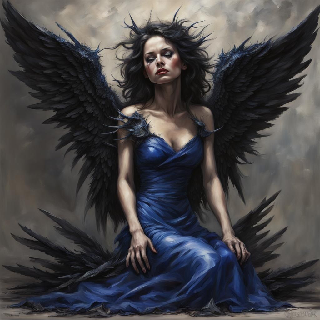 Fallen Angel with Metallic Wings, Hyperrealistic Art