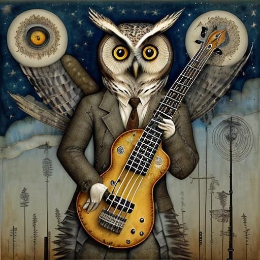Owl Playing Bass Guitar as Impasto Painting