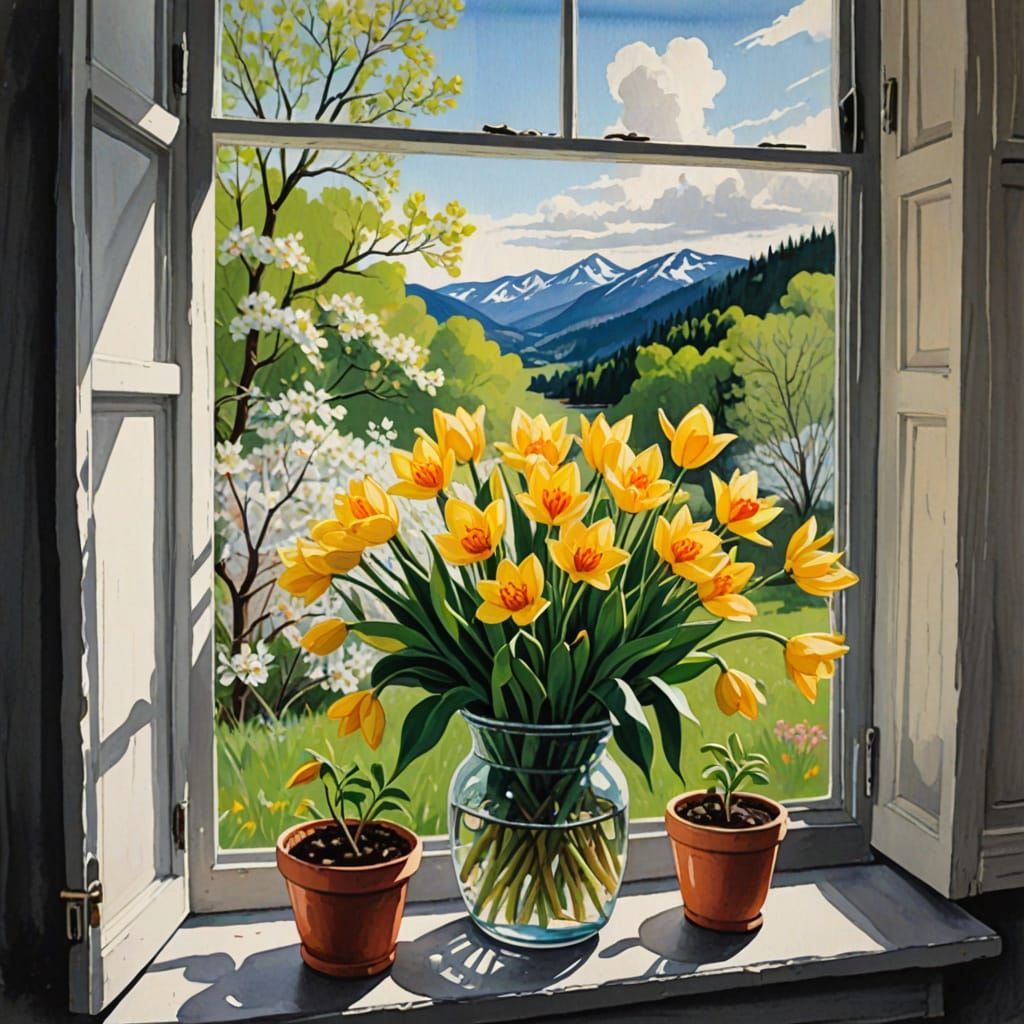 Vibrant Spring Scene in Gouache Style