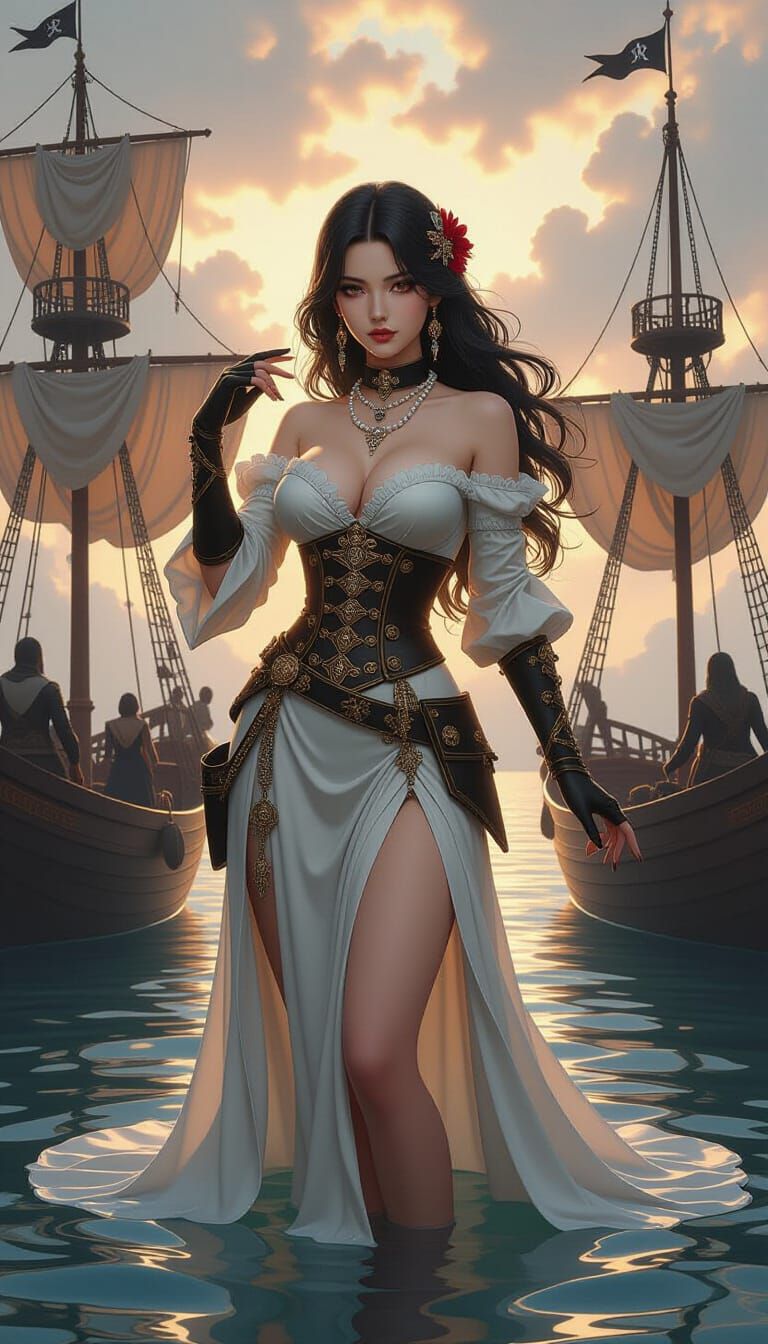 Sensual Pirate Harbor Scene in Macabre Style