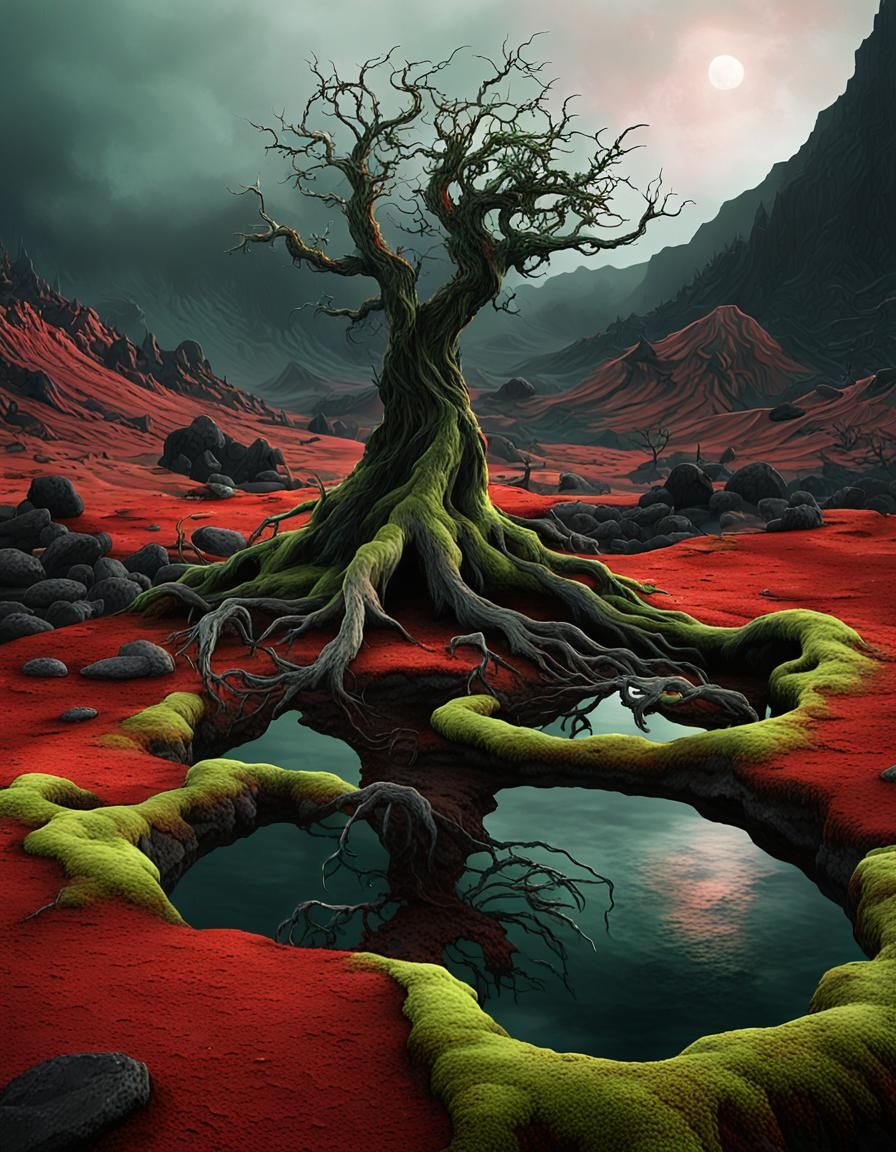 Oasis Pond in Volcanic Wasteland, Dark Fantasy Art