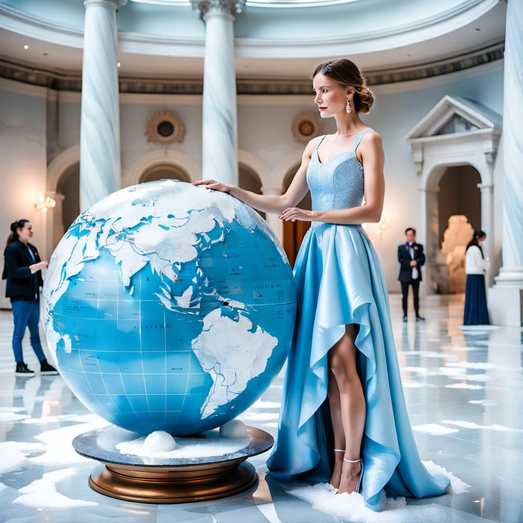 Woman Touches Snow Globe in Icy Marble Museum