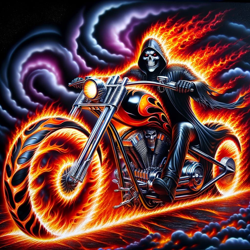 Flaming Motorcycle Rider in Airbrushed Style